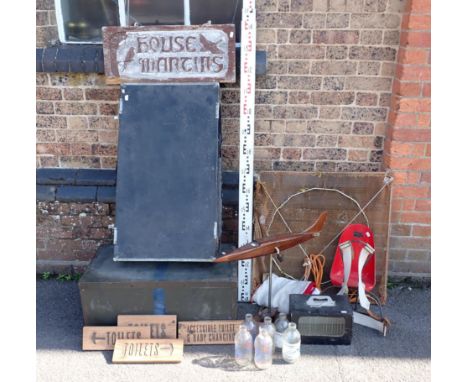 A U.S. ARMY SHIPPING CASE, A VINTAGE CAR TRUNK(a/f), a surveyor's staff, a boat flag, a net, advertising milk bottles and oth