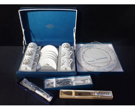 A ROYAL WORCESTER BONE CHINA COFFEE SERVICEfor six place settings, a Royal Worcester cake plate and a ditto cheese knife, all