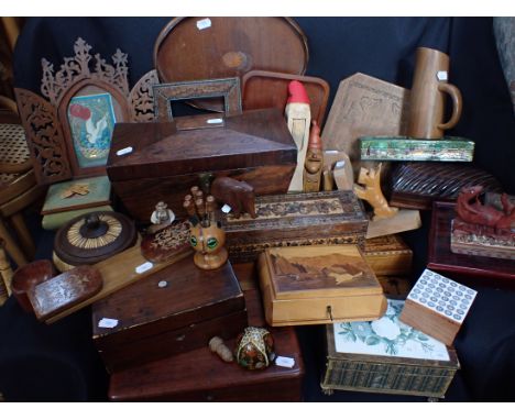 A TUNBRIDGEWARE GLOVE BOX(a/f), a sarcophagus tea caddy, further boxes and other items