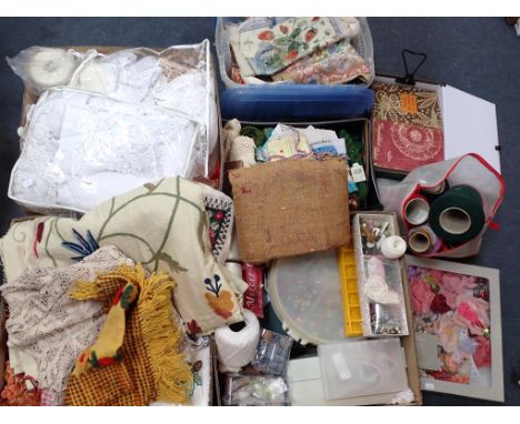 A COLLECTION OF WOOLWORK/TAPESTRY KITS(partly done), lace and lacemaking items, household linens, beads, a length of crewelwo
