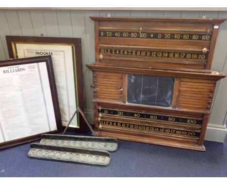 TWO OAK SNOOKER SCOREBOARDS, THE SMALLER STAMPED ORME & SONSManchester, No.4312, the larger stamped 4395 (some damage), with 