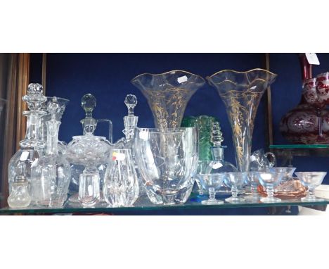 A MINIATURE ORREFORS VASEsigned and numbered, 6cm high, a pair of large trumpet vases with gilt decoration, and other glass w