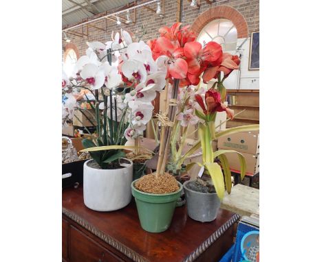 THREE ARTIFICIAL AMYRILLIS PLANTSand similar orchids, in ceramic pots (one pot a/f) (6)