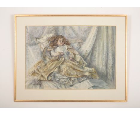 *ELIZABETH SORRELL (1916-1991) 'Composition with Doll'a doll on a bed amongst lace cushions and curtains, signed and dated 19