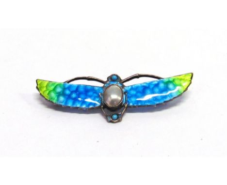 AN ENAMEL SCARAB BROOCH unmarked, with mother of pearl body and turquoise paste points, 4.5cm across