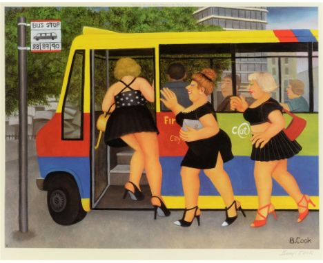 BERYL COOK, O.B.E. (BRITISH, 1926-2008)  'Bus Stop',  colour print, limited edition (unnumbered), published by Alexander Gall