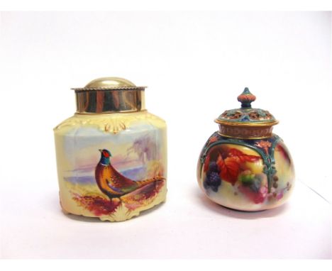 A LOCKE &amp; CO WORCESTER JAR with silver plated mounted top, painted with a pheasant signed 'H WALL', 12cm high; together w