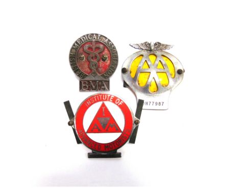 THREE MOTOR CAR GRILLE OR BAR BADGES comprising the British Medical Association; Institute of Advanced Motorists; and Automob