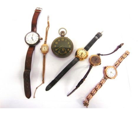 A LADY'S 9 CARAT GOLD WRIST WATCH on an extending baton link bracelet; another on a 9 carat gold bracelet; another on a leath