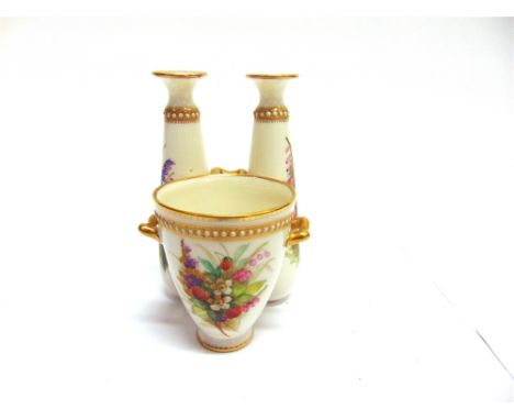 A ROYAL WORCESTER SPILL VASE/POSY VASE  with painted floral sprays, gilt and jewelled decoration on a white ground, green pri