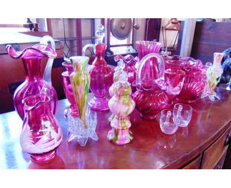 A COLLECTION OF ASSORTED COLOURED GLASSWARE  including three Mary Gregory type wares and End-of-day glassware, the tallest it