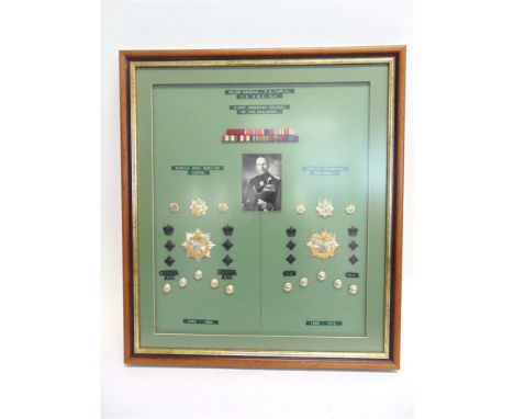 A FRAMED DISPLAY OF CAP BADGES, BUTTONS & OTHER INSIGNIA relating to Major-General P.G. Turpin, the Ghurka Army Service Corps