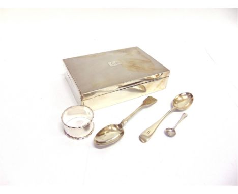 A CIGARETTE BOX with engine turned decoration, monogrammed; with a silver napkin ring; a Victorian Irish silver teaspoon; a l