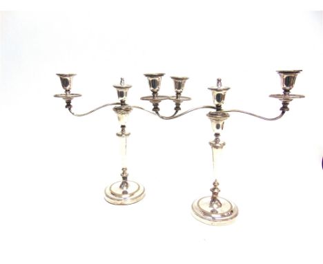 A PAIR OF ELECTROPLATED THREE LIGHT CANDELABRA  40cm high