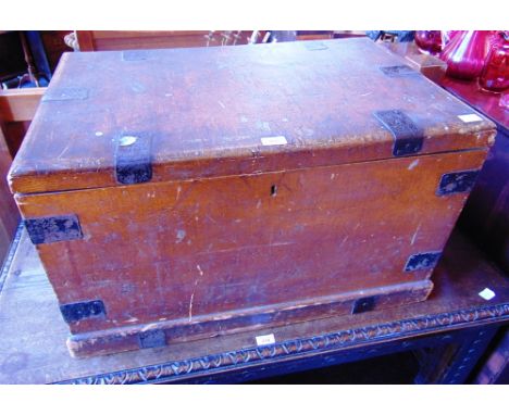 A METAL BOUND SCUMBLED PINE TRUNK  with remains of 'GWR TAUNTON' luggage label, 79cm wide 49cm deep 46cm high