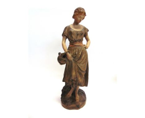 A LARGE CONTINENTAL CERAMIC FIGURE OF A YOUNG MAIDEN  standing in classical dress holding a broken jug, after Luca Madrassi, 