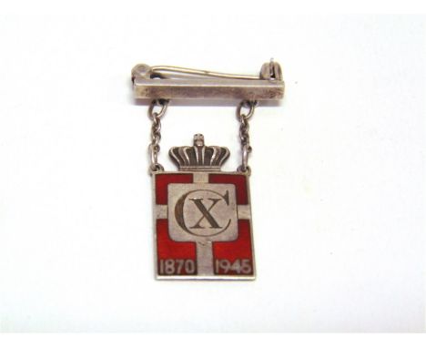GEORGE JENSEN SILVER & ENAMEL BROOCH  commemorating King Christian's 75th birthday in 1945, the crowned rectangular panel sus