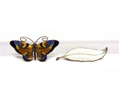 A MARIUS HAMMER OF NORWAY maker's trade mark and '930s', enamel butterfly brooch, 5.3cm across; with a Norwegian enamel leaf 