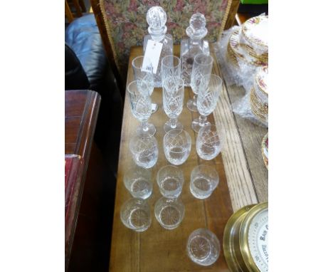 Two cut glass square whisky decanters one by Webb-Corbett with Old Hall plated decanter label; together with a set of six mat