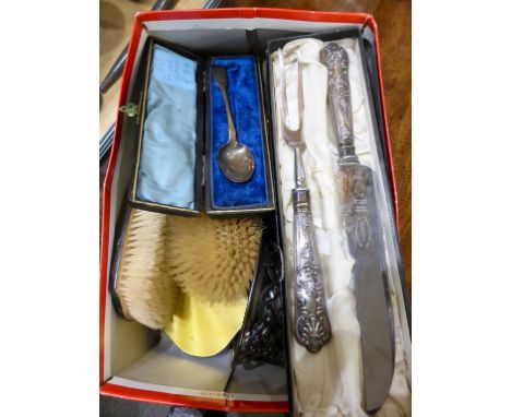 A box of silver and EPNS smalls including a five piece silver and yellow enamel dressing table set; a boxed carving knife and