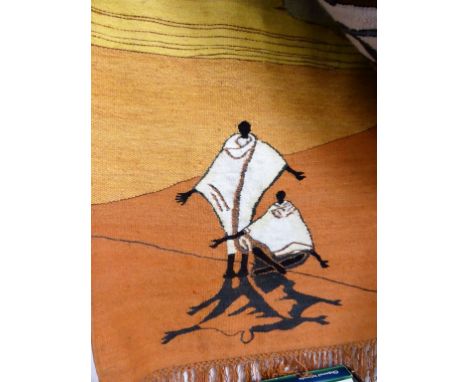 Two figures in the desert, Sosoto Design Gallery, tapestry wall hanging in oranges, yellows and creams (120cm x 90cm)
