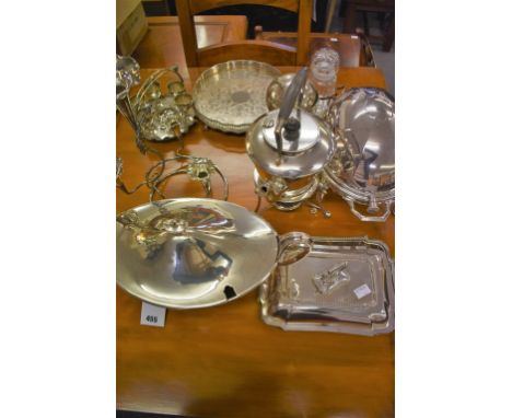 A collection of silver plated items including a good quality Adam style boat shaped soup tureen; a kettle on burner stand; an