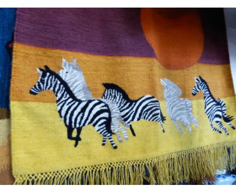 Zebras Galloping' Setsoto Design Gallery tapestry wall hanging, five zebras at sunset (90cm x 120cm)