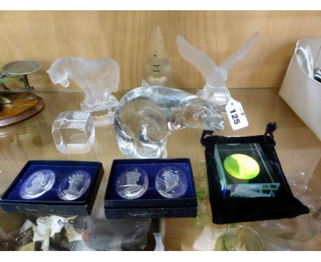 Two Goebel frosted and clear glass animal paperweights together with a Baccarat Madeleine paperweight; a Wedgwood polar bear;