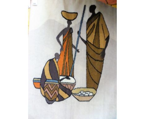 A Sosoto Design Gallery tapestry wall hanging depicting figures preparing food in browns and creams (120cm x 90cm)