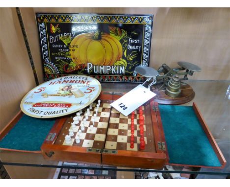 A set of postal scales with weights together with a vintage travel chess set & two enamel signs (Golden Pumpkin, A J.P.Alley'