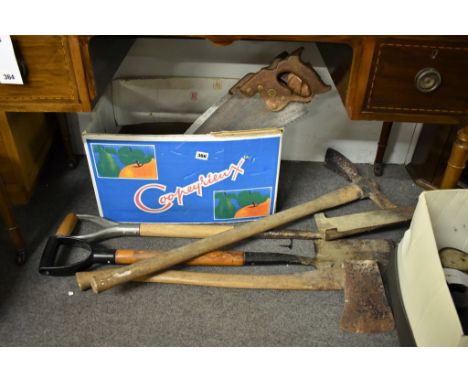 A collection of vintage tools to include spades, saws, chisels, hand drill etc (qty)
