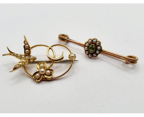 A 15ct gold, seed pearl and peridot bar brooch, 2.1 g (all in), and a similar brooch, applied a bird (2) 