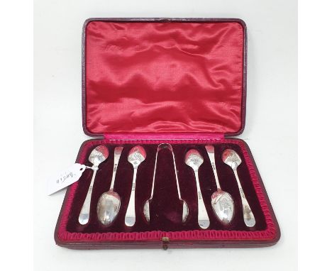 A set of six picture back spoons, with matching sugar tongs, including a dolphin and fox hunting, Sheffield 1902, cased