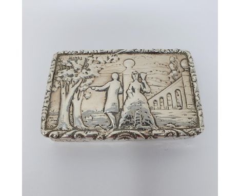 A 19th century Dutch silver snuff box, the lid decorated with couple, 8 cm wide, 2.8 ozt 