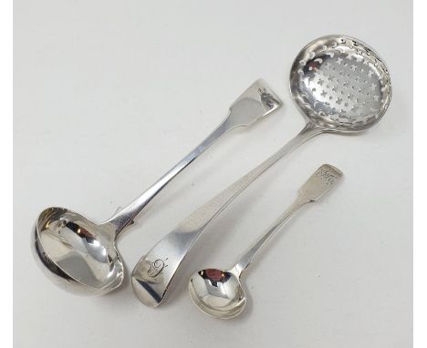 A George III silver Old English pattern sifter spoon, London 1813, a William VI fiddle pattern sauce ladle, Edinburgh 1831, a