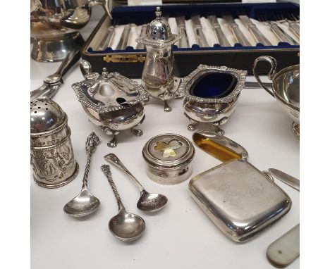 A George V silver vesta, a silver three piece cruet, assorted silver, weighable 8.1 ozt, and assorted silver plate (box) 