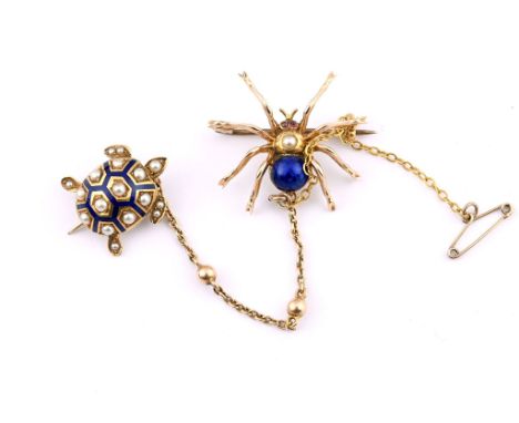 A 19th century 15ct gold, pearl and blue enamel spider and turtle brooch, cased 