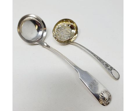A George IV silver fiddle and shell pattern sauce ladle, Edinburgh 1826, and a George IV Old English pattern sifter spoon, Lo