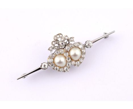 A white coloured metal, diamond and pearl double heart shape bar brooch, fitted in an A Tanfani Roma leather box 