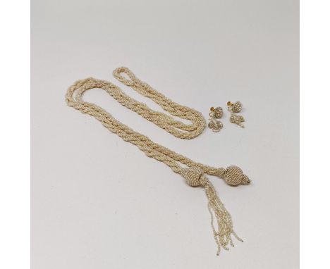 A pair of seed pearl drop earrings, and a similar seed pearl rope necklaceLacks tassle 