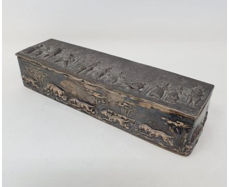 A late Victorian rectangular silver box, the lid embossed figures, the sides boar hunting, and the underside engraved with a 