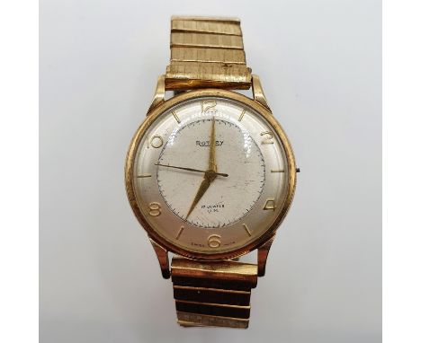 A 9ct gold Rotary gentleman's wristwatch, on a later gold plated strap, lacking winder, in need of extensive restoration 