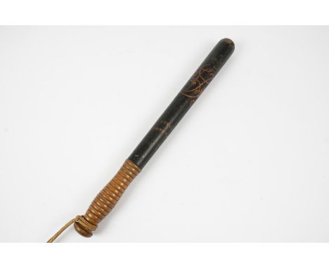 A Victorian Special Constable wooden truncheon by Parker Holborn, marked 233 to bottom, decorated with VR cipher on black pai