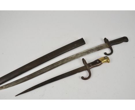 A French Yataghan bayonet and scabbard, dated 1870, together with a cut down T-Back bayonet, used in the trenches (3)