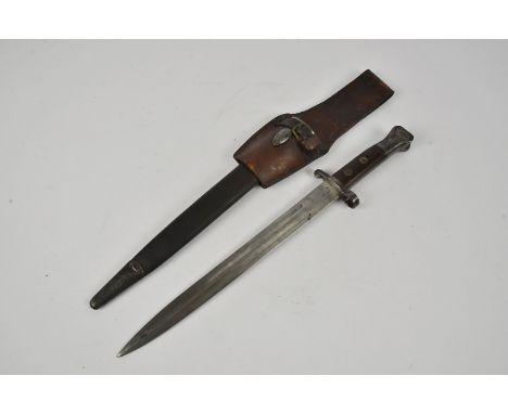 A P1888 Metford MkI bayonet, marked 5' 90 and WD with broad arrow, complete with leather and steel scabbard with leather frog