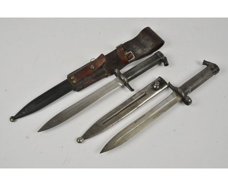 Two Swedish M1896 knife bayonets, both marked EJ AB, serial 180 and 384, one having numbers to the cross guard 9/25 No.39, bo