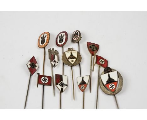 A collection of 12 Third Reich enamel stick pins, including Hitler Youth, , D.D.A.C, NS-RKB, Veteran Organisation, two 25 Yea