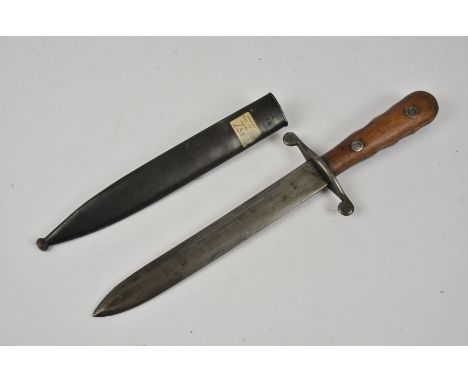 A Spanish Fighting knife, possibly Civil War, having double edged heavy blade, 25cm long, with steel scabbard, both with seri