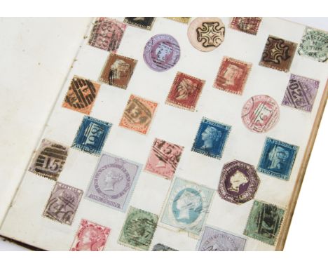 A small vintage stamp album, the first page with a G J penny black, Penny Reds, three Two Penny Blues and others, the rest of