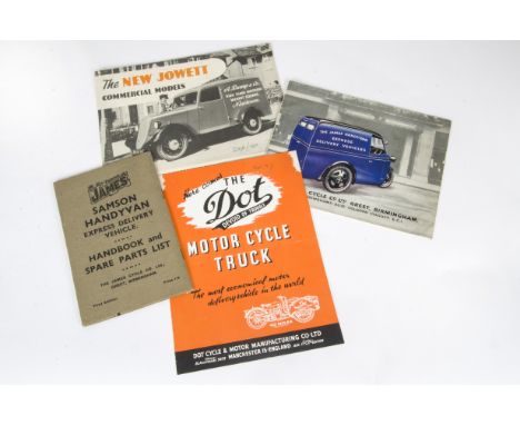 Motorcycle-based light commercial ephemera, including The James Handyman, with spare parts list, Dot motor cycle truck and Jo